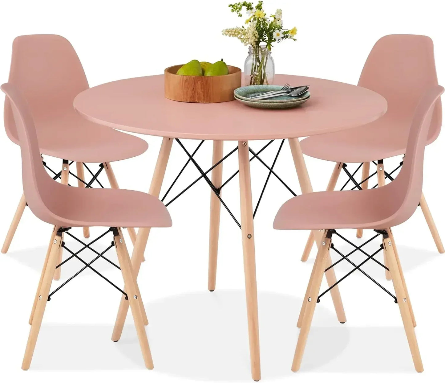 5-Piece Dining Set, Compact Mid-Century Modern Table & Chair Set for Home, Apartment w/ 4 Chairs, Plastic Seats, Wooden Legs