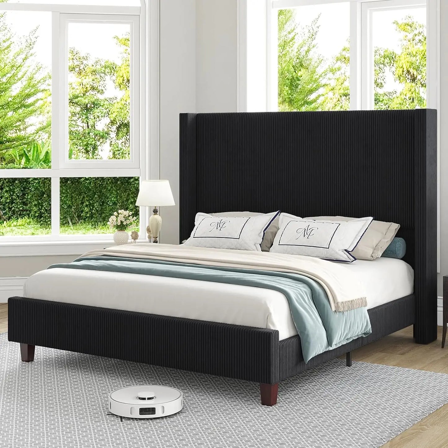 Bed Frame 61" Corduroy Upholstered, Platform Bed with Vertical Stripe Wingback Headboard, No Box Spring Needed/Solid Wood Slats