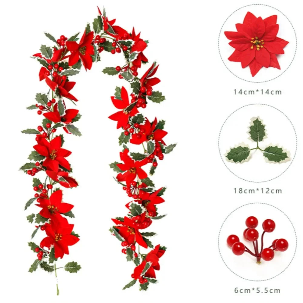 2M Christmas Poinsettia Garland Artificial Poinsettia Flower String Lights Xmas Tree Ornament For Home Fireplace Decoration