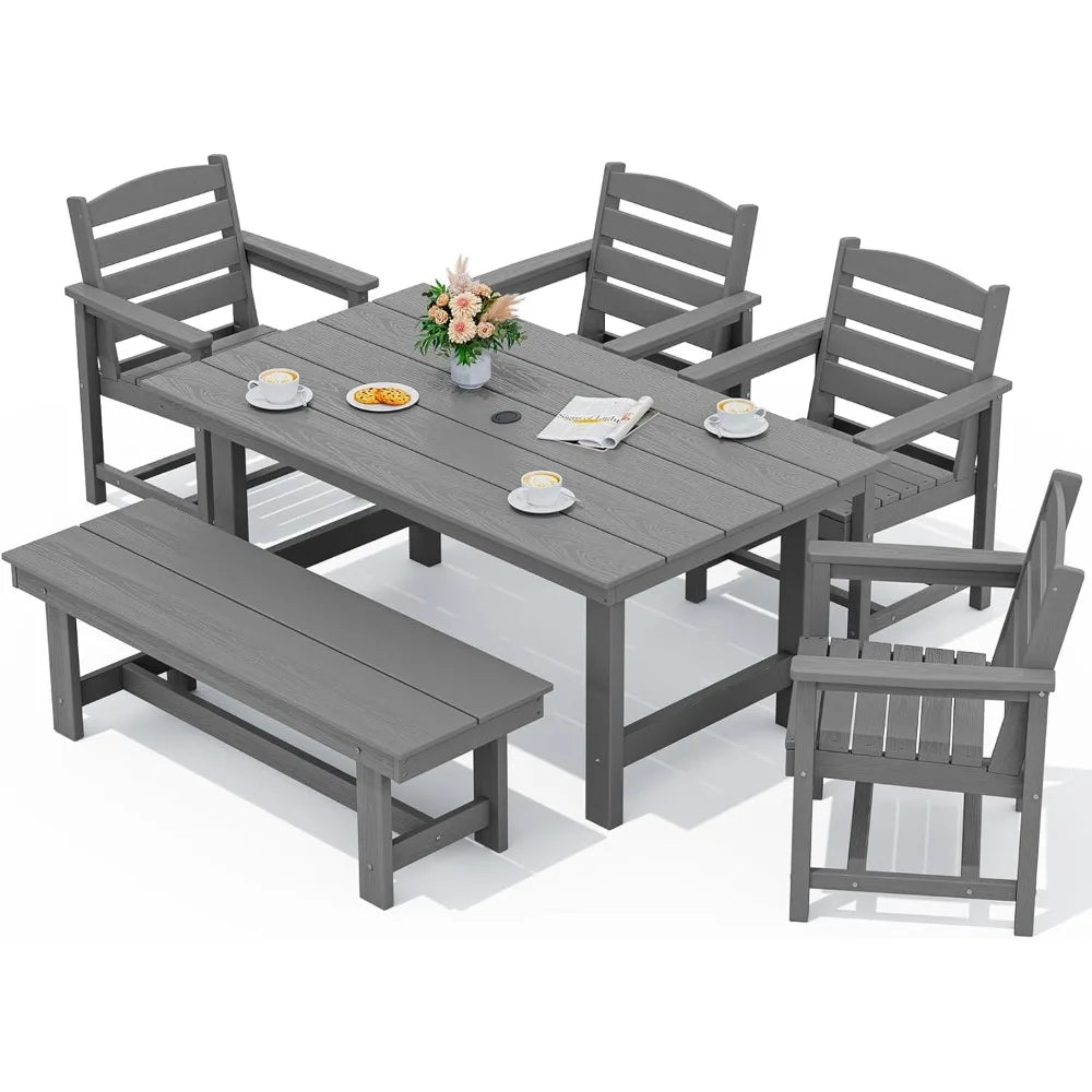 Outdoor Dining Table Set, Patio Dining Table and Bench Set for 6, Patio Furniture Sets