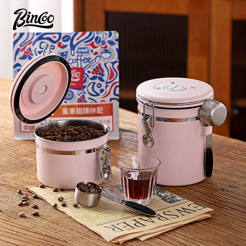 Bincoo coffee bean seal can unidirectional exhaust pink 304 stainless steel storage can holding coffee powder container snap