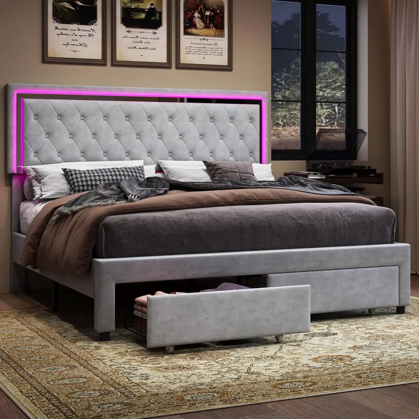 Queen Size Bed Frame with LED Lights&Storage Drawers,No Box Spring Needed,Velvet Upholstered Platform Bed Suitable for bedrooms