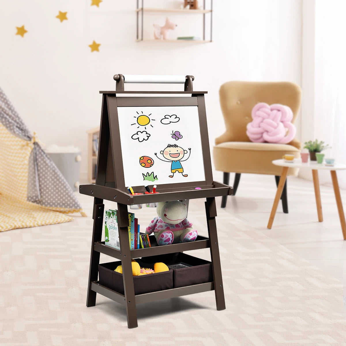 3 in 1 Double-Sided Storage Art Easel w/ Paint Cups for Toddlers Writing Coffee