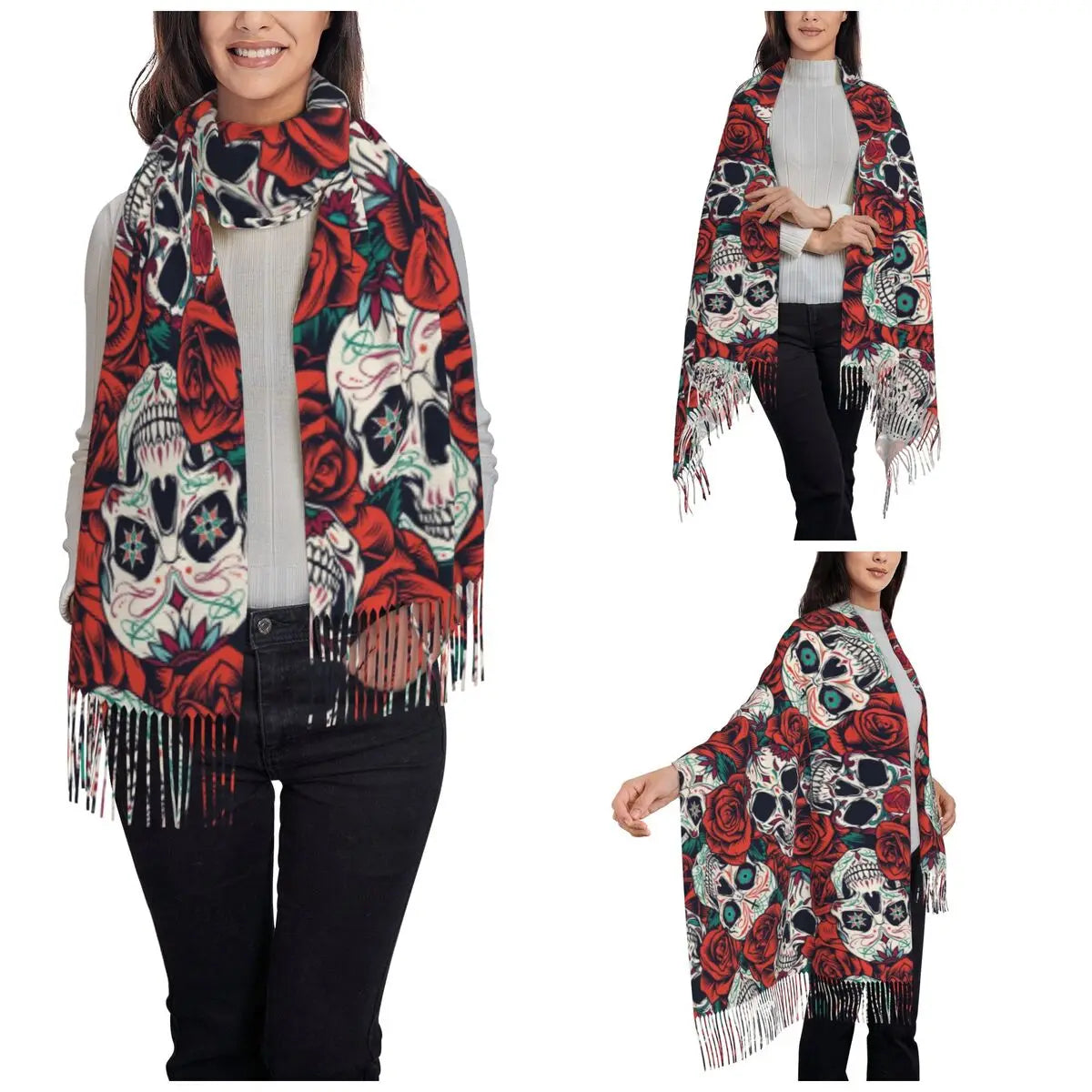 Vintage Floral Skull Scarf for Women Fall Winter Cashmere Shawls and Wrap Roses Long Large Shawl Scarf Daily Wear