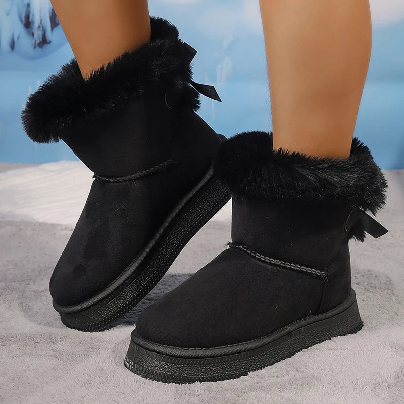 Winter Faux Suede Women Fluffy Snow Boots Warm Plush Platform Ankle Booties Woman Bow Slip On Cotton Boots 36-42