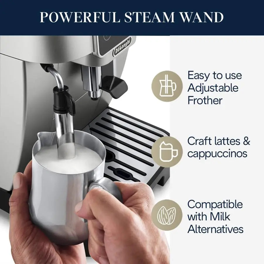 Start Automatic Espresso & Coffee Machine with Manual Milk for Latte, Cappuccino, Built-in Grinder, Silver, ECAM22022SB