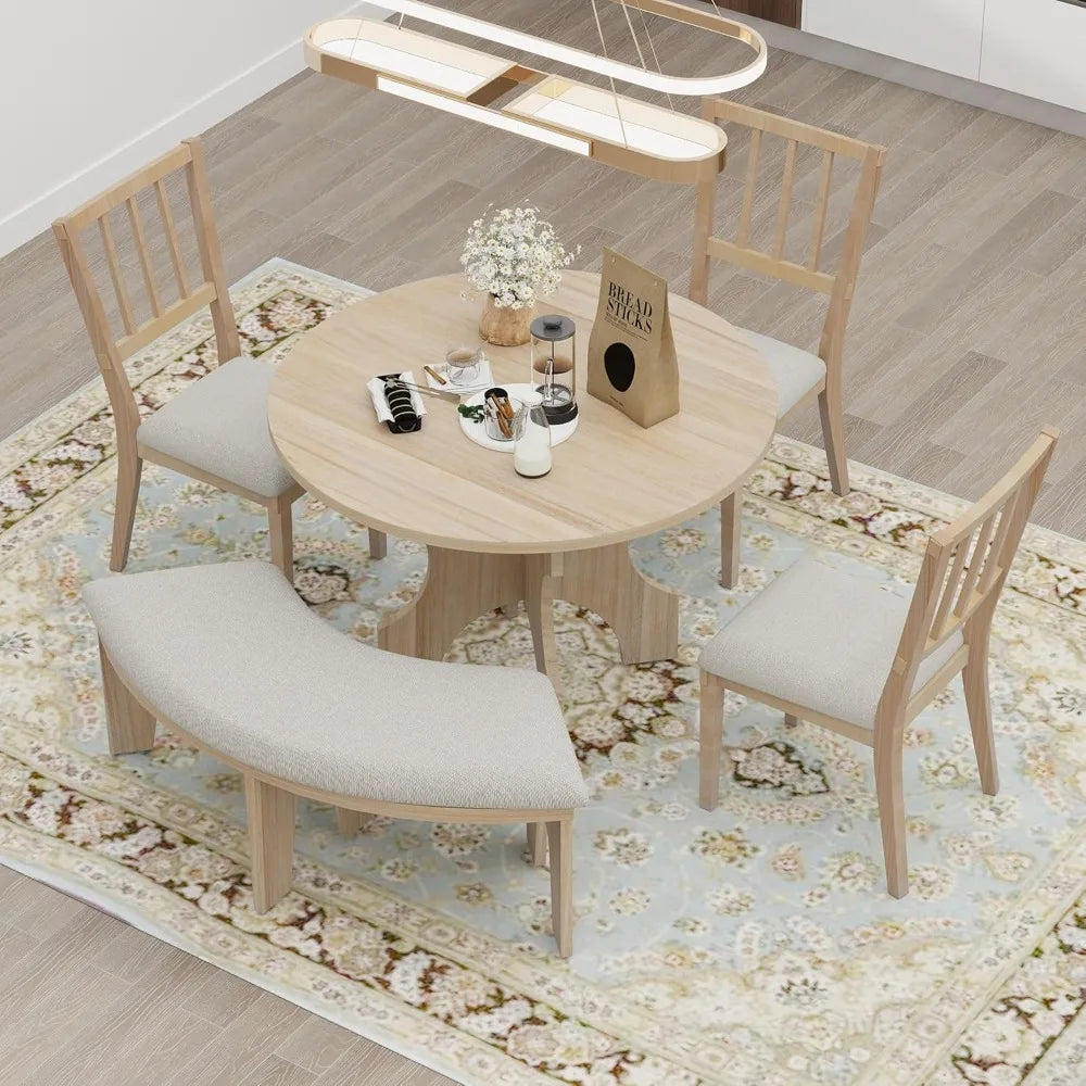 5-Piece Round Dining Table Set for 4 Round Kitchen Table Set with Curved Bench & 3 Chairs Retro Round Dining Room Set