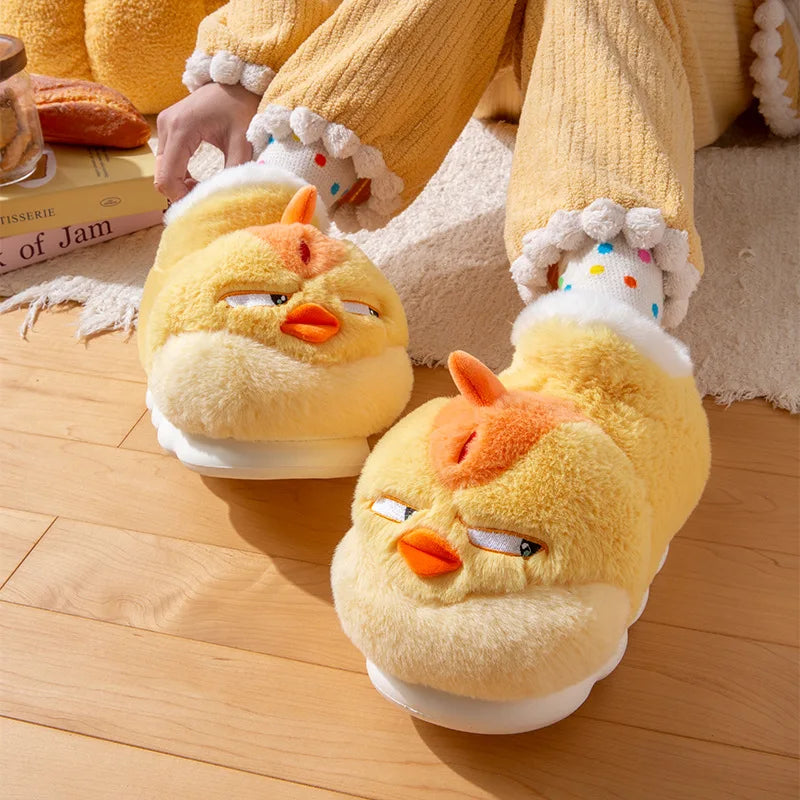 New Cute Cartoon Indoor Slippers For Women Men Funny Yellow Chicken Winter Warm Fluffy Shoes Couples Home Floor Snoot Boots