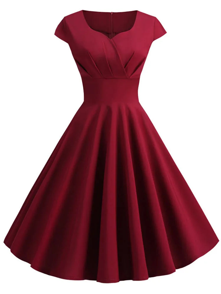 Rosa Sommerkleid Damen V-Ausschnitt Big Swing Vintage Kleid Robe Femme Elegant Retro Pin Up Party Büro Midikleider