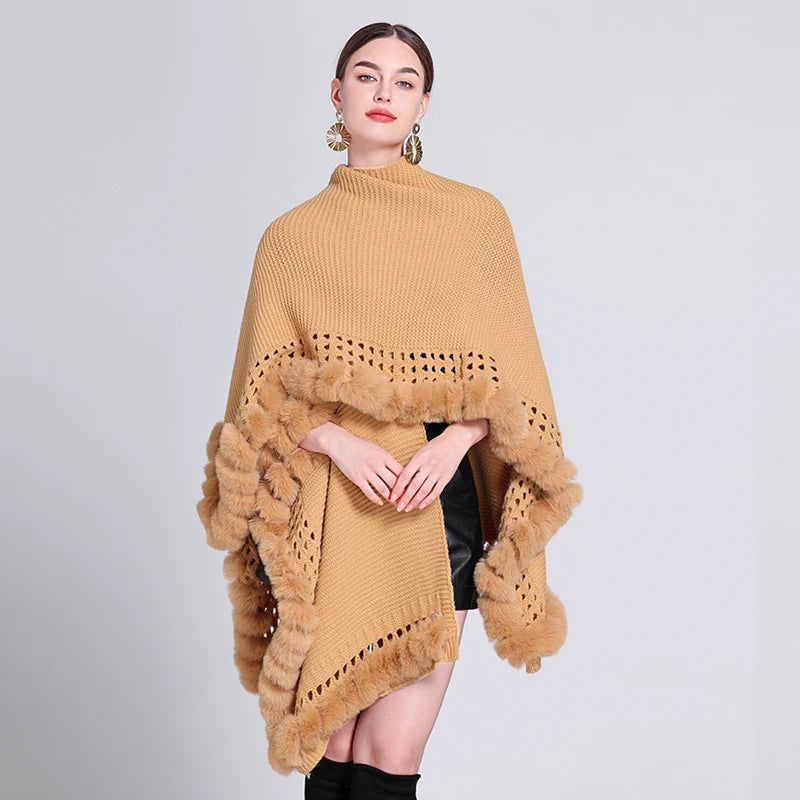 Novelty Fashion Knit Faux Fur Trim Shawl Long Cape Coat Autumn Winter Women Elegant Forked Cloak Wraps Big 2023 New