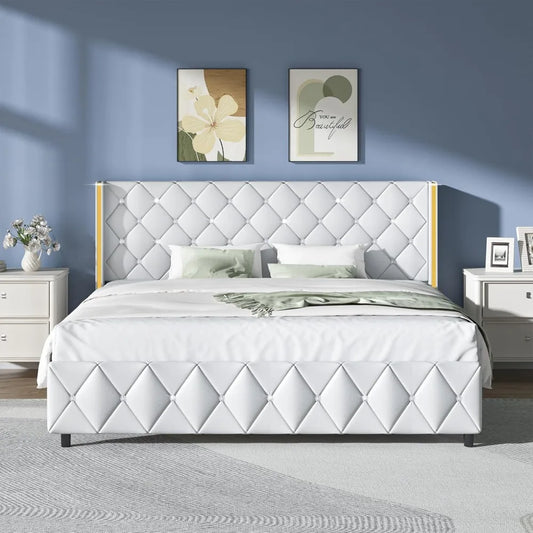 King Bed Frame, Modern Upholstered King Size Bed with Diamond Tufted Headboard, Faux Leather, King Size Bed Frame and Headboard