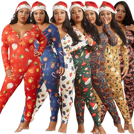 Extra Large Women Pajamas High Elastic Bodysuit Christmas Printed Jumpsuit Bodycon Sexy Xmas Cosplay Home Autumn Clothes Zentai