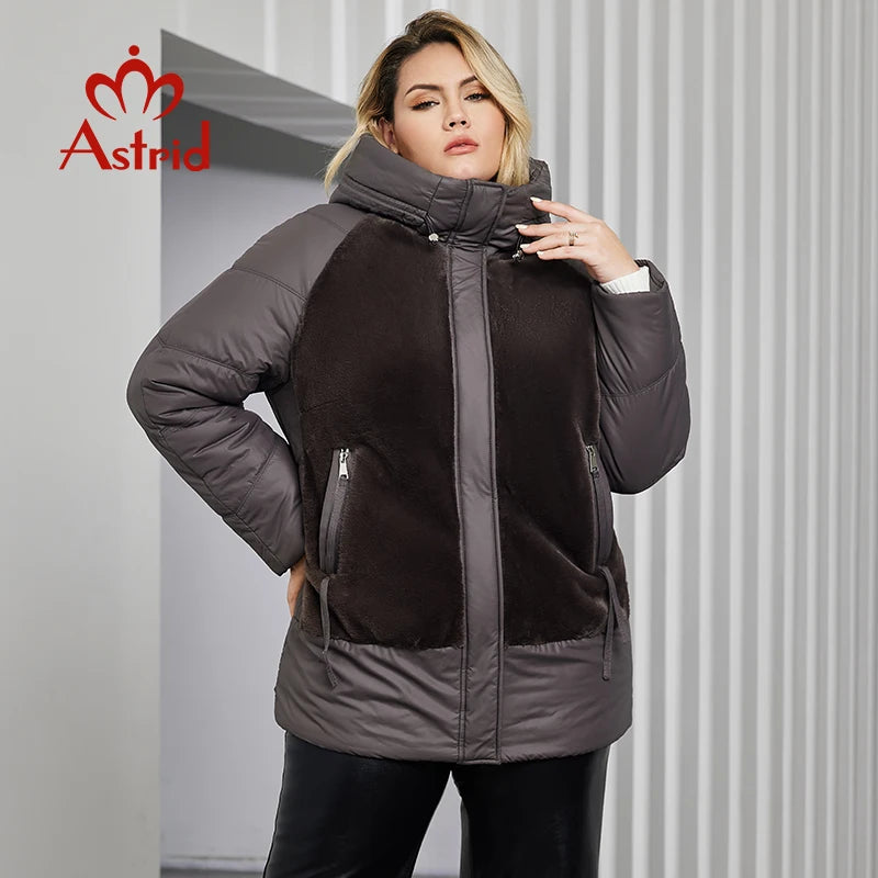 Astrid Plus Size Winter Jacket Women Faux Fur Stitching High Quality Wool Warm Fashion Women's Parka Female Plush Coat Hooded