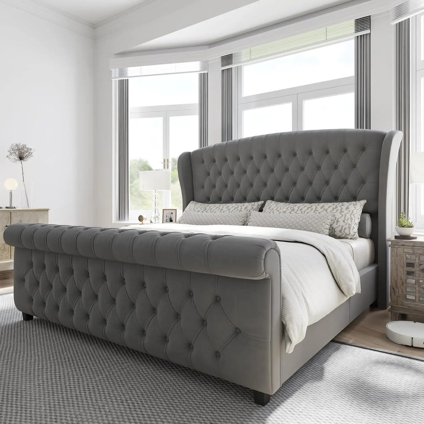 Platform Bed Frame, Velvet Upholstered Sleigh Bed with Scroll Wingback Headboard Footboard/Button Tufted/No Box Spring Required