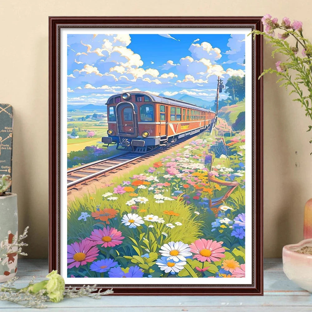 Cartoon Anime Train 5D Full Round Diamond Painting Kits Fantasy Tram Track Scenery DIY Drills Mosaic Embroidery Cross-stitch