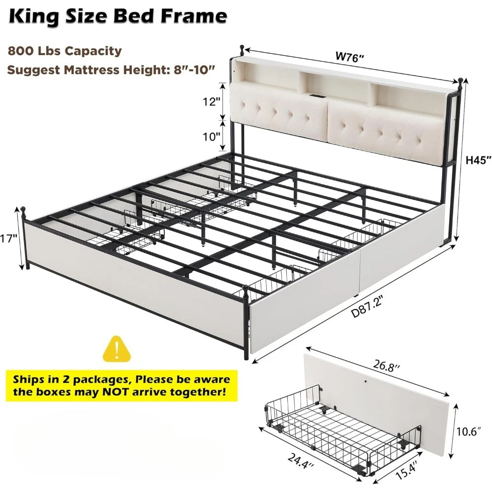 King Bed Frame with Storage Upholstered Headboard and 4 Drawers, Farmhouse Metal Platform Bed w/LED Lights & Charging Station