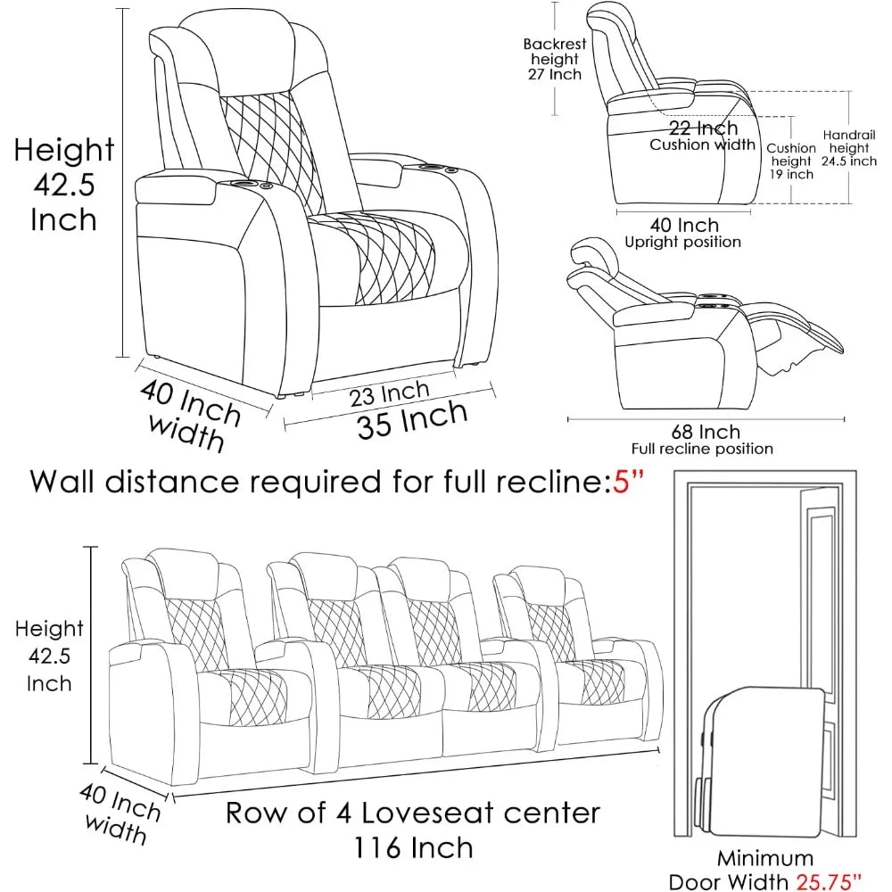 Top Grain Leather Recliner Chair Dual Power Gaming Sofa Electric Headrest with Tray Table Type-C USB Charge Cup Holders Black