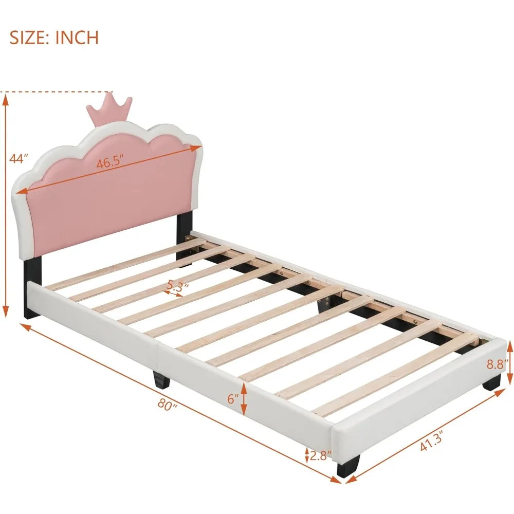 Bellemave Twin Size Princess Bed Frame with Crown Headboard, PU Upholstered Princess Twin Bed for Girls,Kids Twin Platform Bed