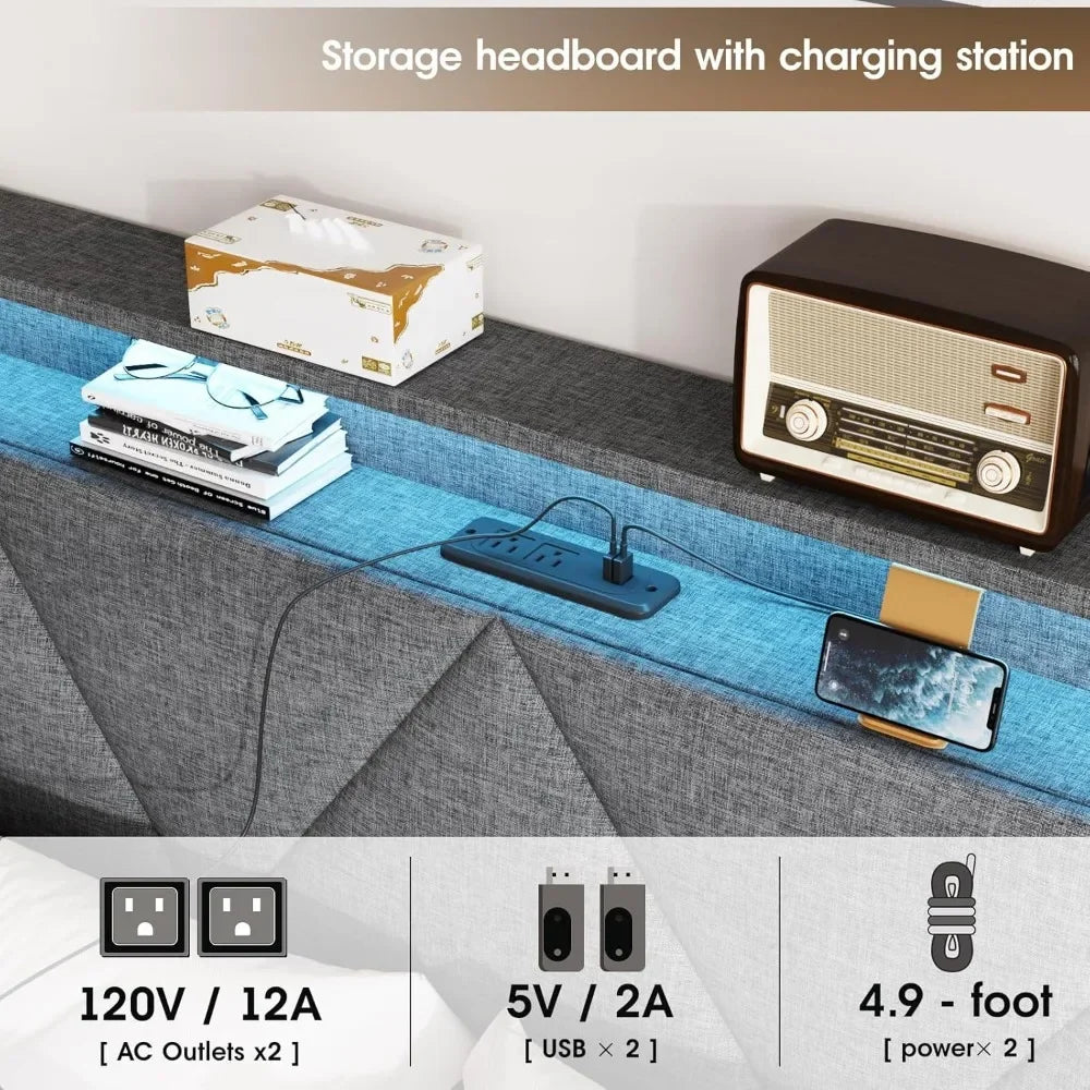 Full Size Bed Frame with Storage Headboard and 4 Drawers,Upholstered Platform with Charging Station and Led Lights