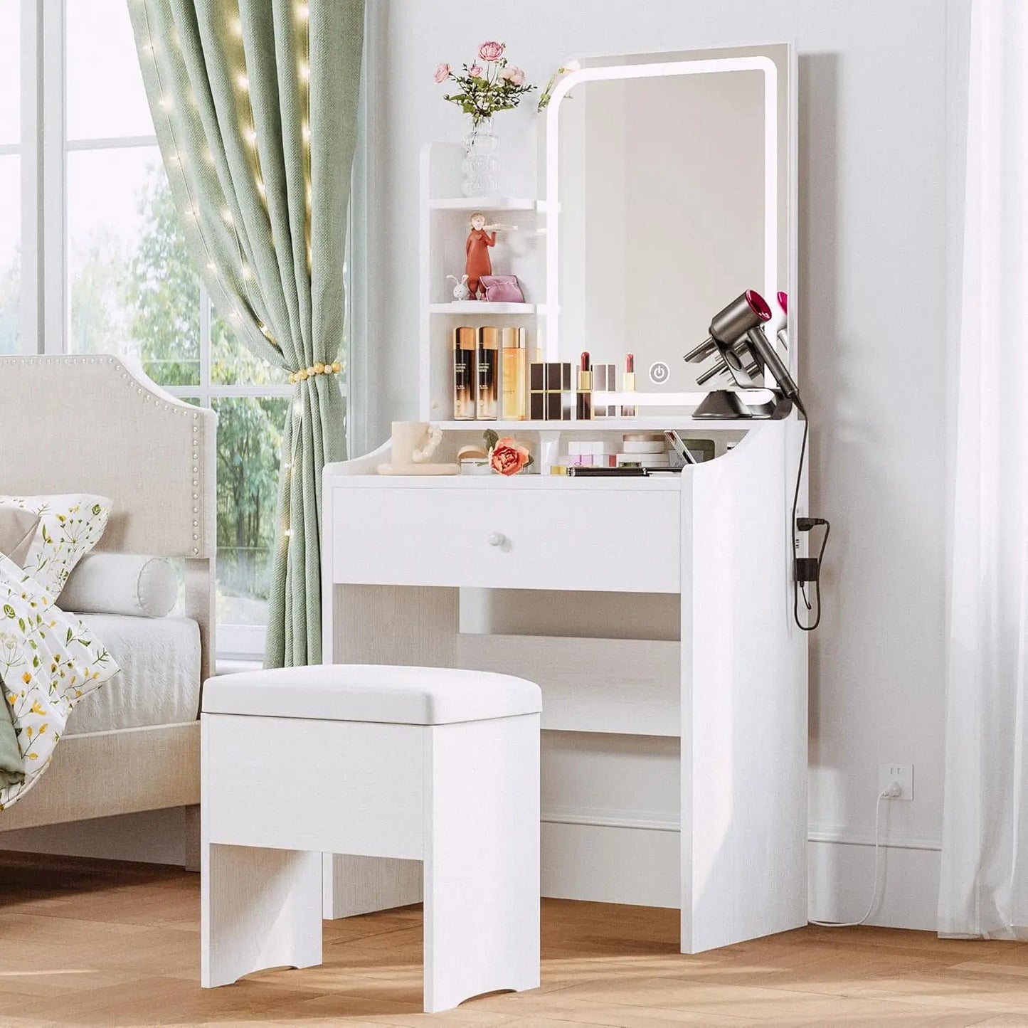 Small Makeup Vanity Desk with Mirror and Lights, Vanity Table Set with Storage Drawer, Chair and Three Shelves, Bedroom,Dressers