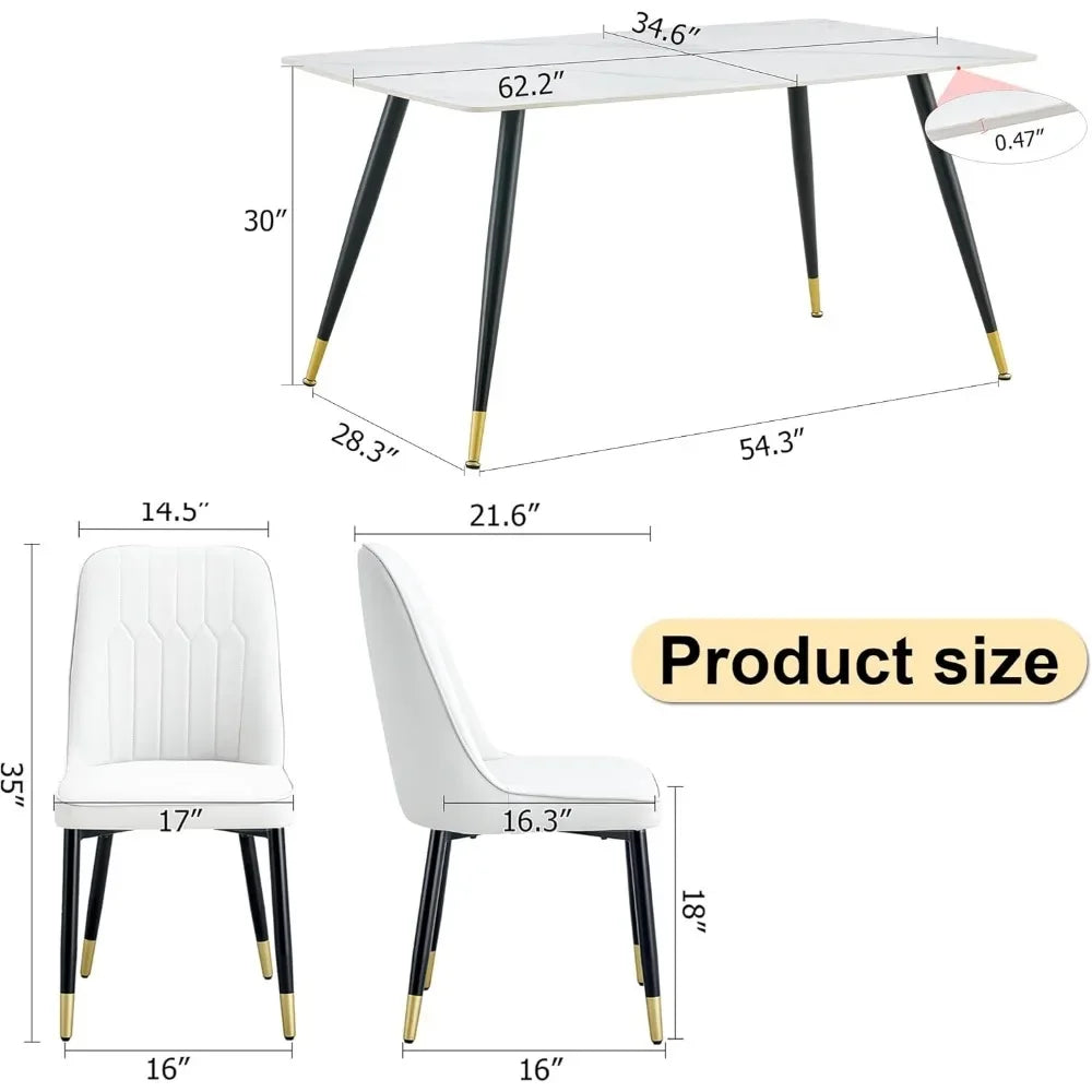 White Marble Dining Room,62" Rectangle Modern Dinner Table with Sintered Stone Top and Metal Legs Kitchen Table Chair Set