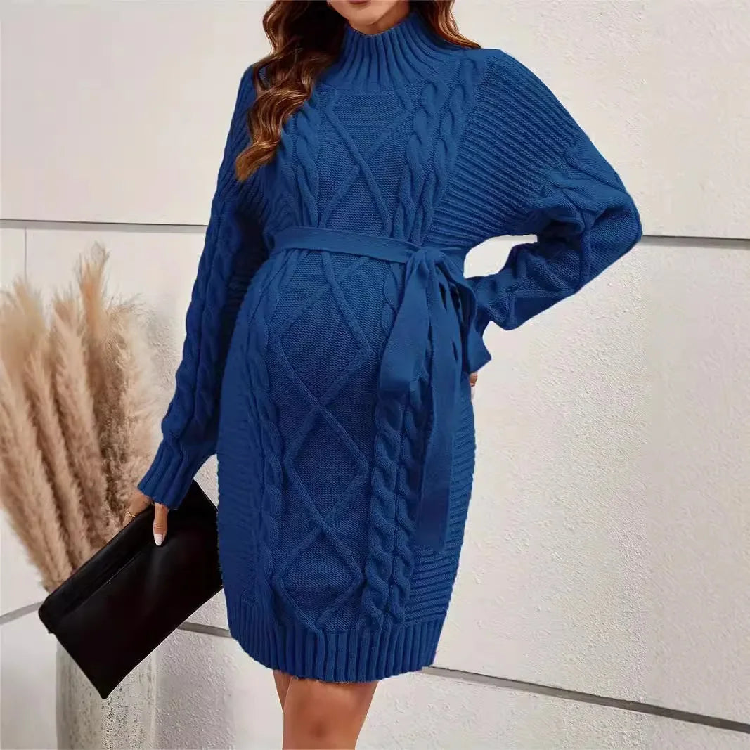 American Fashion Knitted Sweaters Dress for Maternity Autumn Winter Thick Warm Loose Straight Ties Slim Waist Clothes Pregnancy