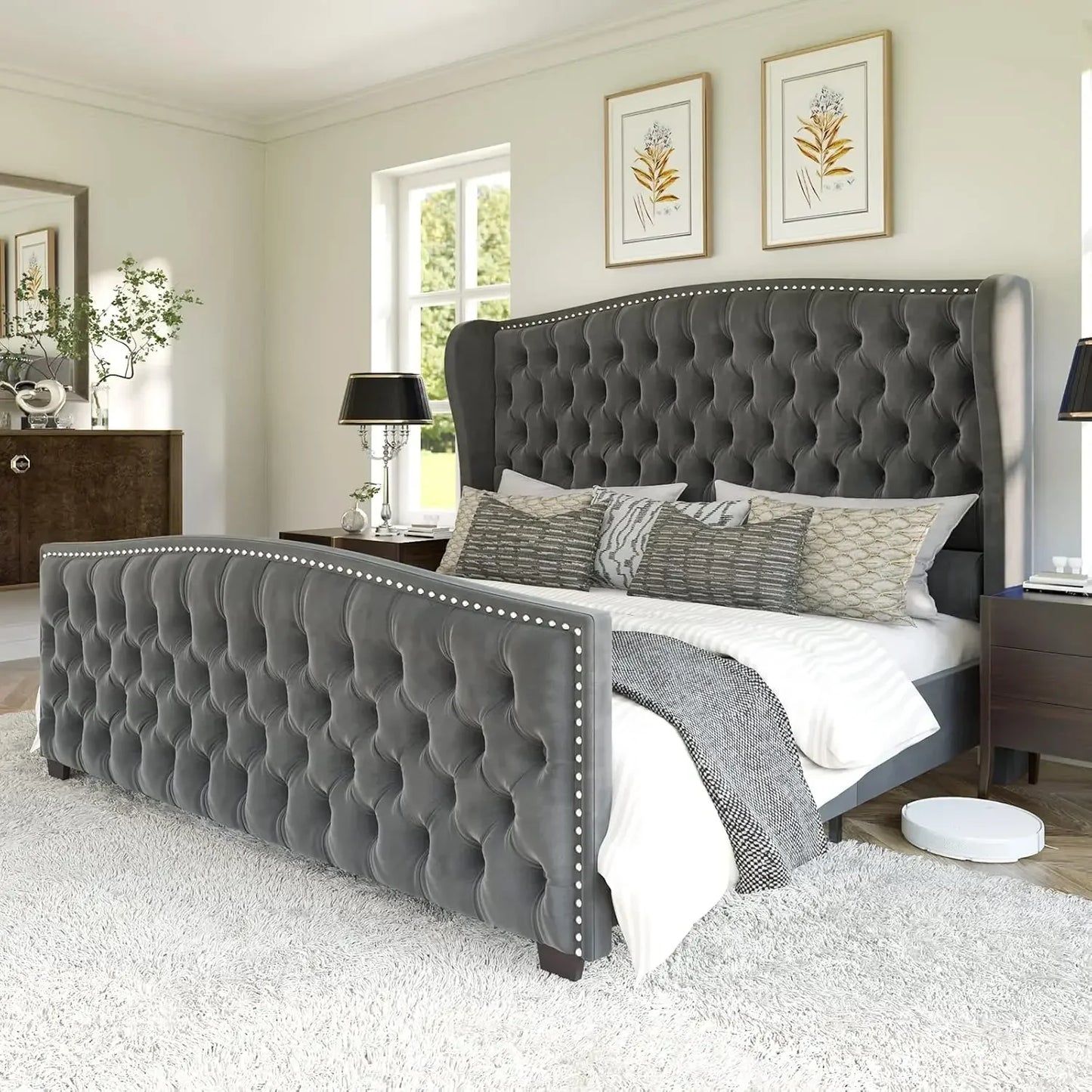 King Size Platform Bed Frame, Velvet Upholstered Bed with Deep Button Tufted & Nailhead Trim Wingback Headboard