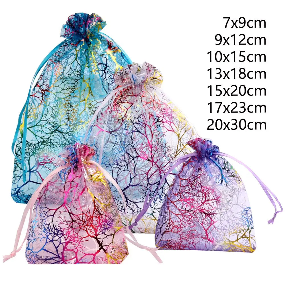 25pcs/50pcs Organza Gift Bags 7x9/9x12/10x15/13x18cm Jewelry Packaging Bags Wedding Present Drawable Tree Pattern Packing Bags