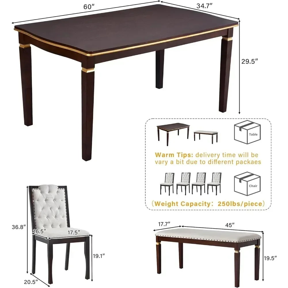 6 Piece Dining Table Set with Bench, 60" Wooden Table with 4 High-Back Tufted Chairs & 1 Bench, Kitchen Dining Room Table Set