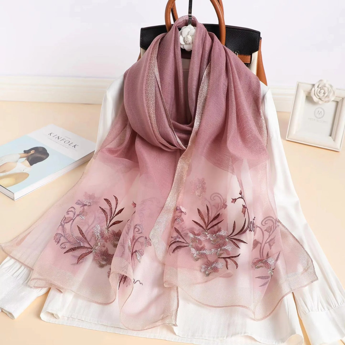 2024 Silk Women Scarf Warm Wool Shawls Wraps Bufanda Floral Pashmina Embroidery Scarves Foulard Wholesale Hijab Female Bandana