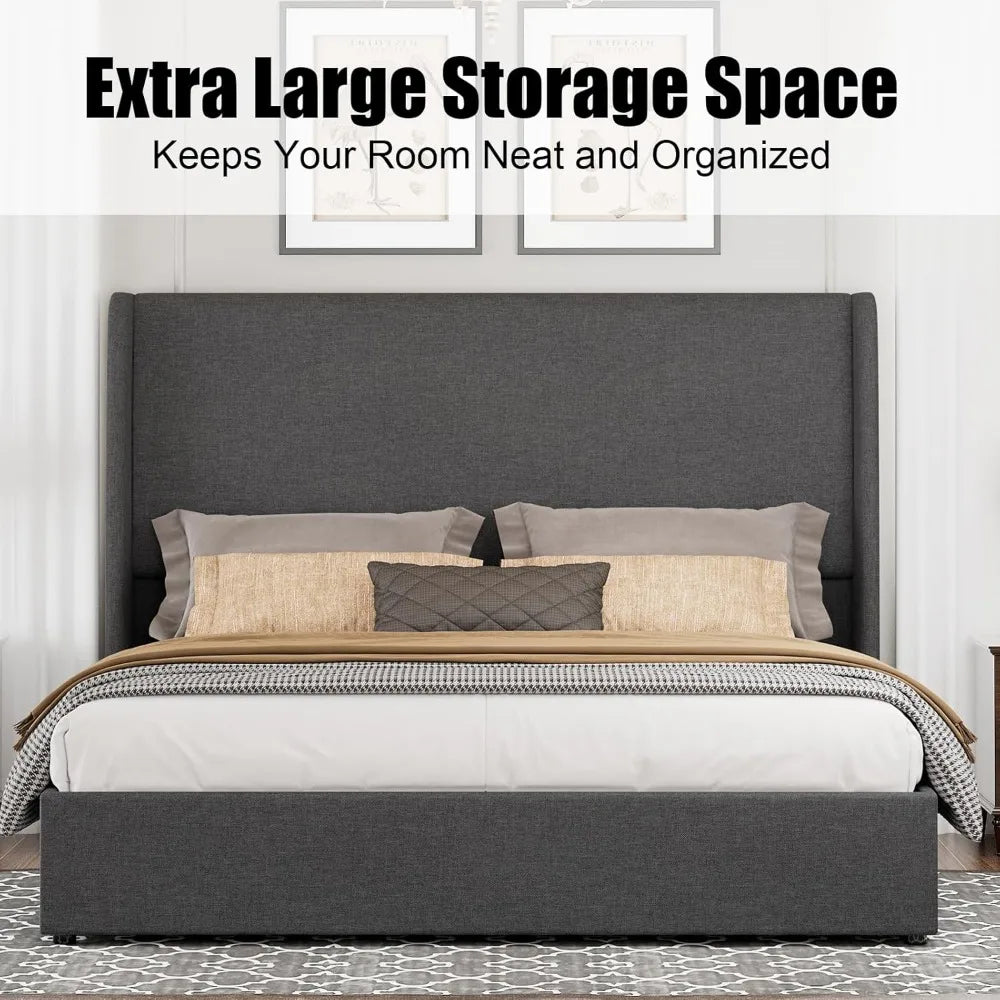 Storage Bed Queen Size Linen Upholstered Platform Bed Frame/Hydraulic Storage/Modern Wingback Headboard/No Box Spring Needed