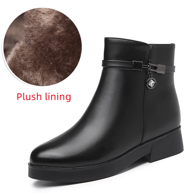 WOIZGIC Women Mother Female Ladies Genuine Leather Ankle Shoes Boots Platform Wool Plush Warm Fur Winter Zipper Plus Size 42 43