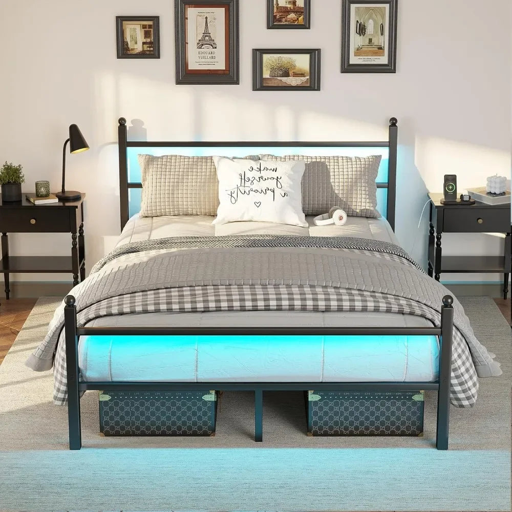 Full Bed Frame with Headboard and Footboard,Heavy Duty Steel Slats Support Metal Bed Frame with Charging Station, Black