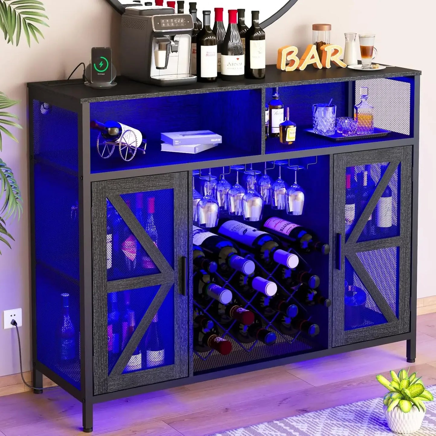 LED Wine Cabinet Bar Cabinets with Power Outlets, Coffee Bar Cabinet Liquor Cabinet for Glasses, Vintage TV Stand