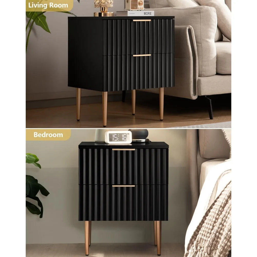 Wide Fluted Nightstand With 2 Drawers Nightstands Bedroom Bedside Tables End Side Table With Golden Metal Legs and Handles Night