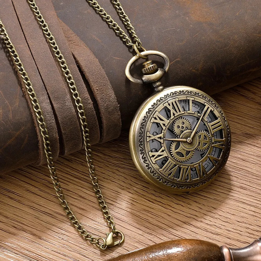 Antique Steampunk Vintage Roman Numerals Quartz Pocket Watch Bronze Case Necklace Pendant Clock Chain Mens Women