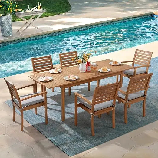 7 Piece Patio Dining Set, Extendable Rectangular Table and 6 Stackable Chairs, Outdoor Acacia Wood Furniture Set