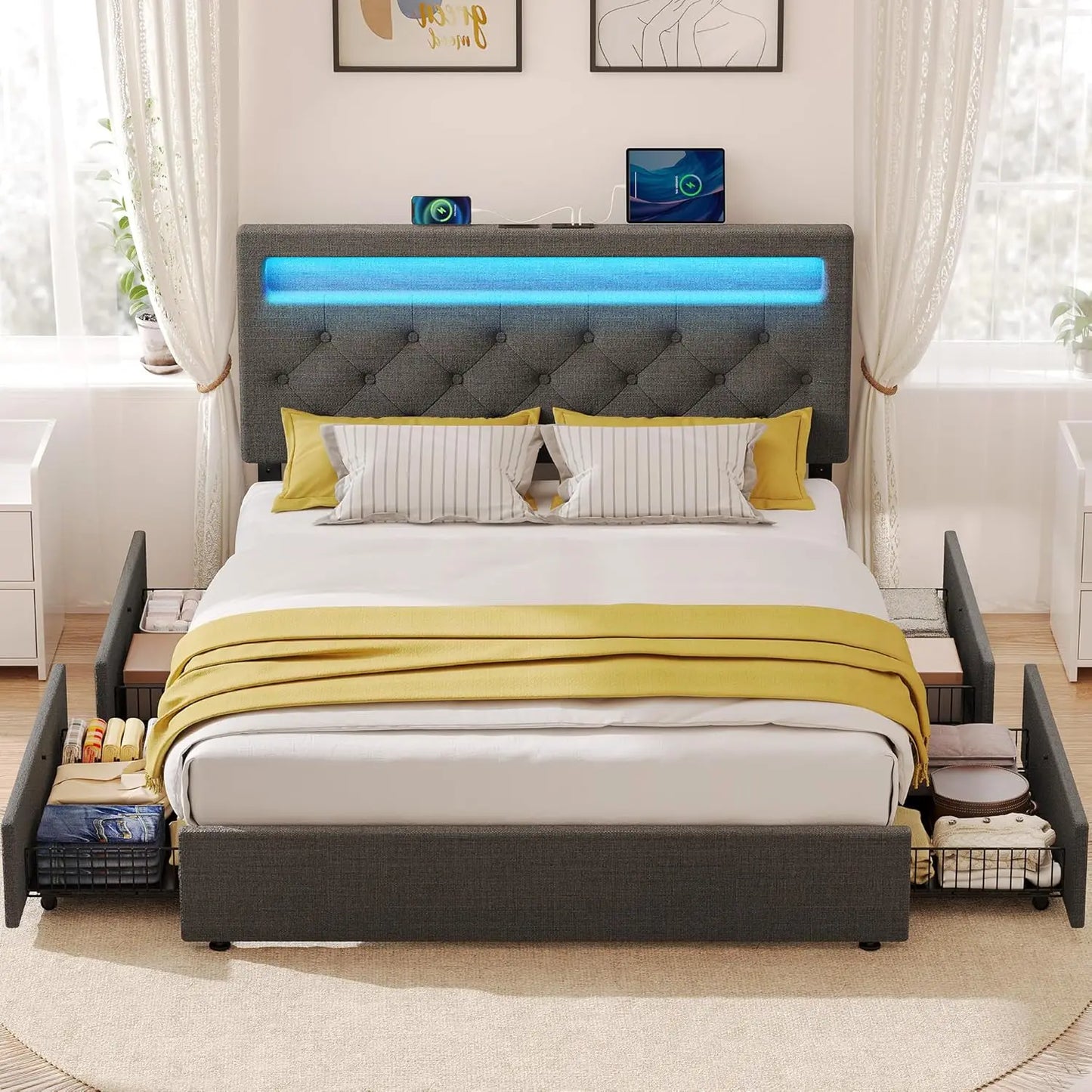 Queen Size Bed Frame with Charging Station and LED Lights, Upholstered Bed with Adjustable Headboard and 4 Storage