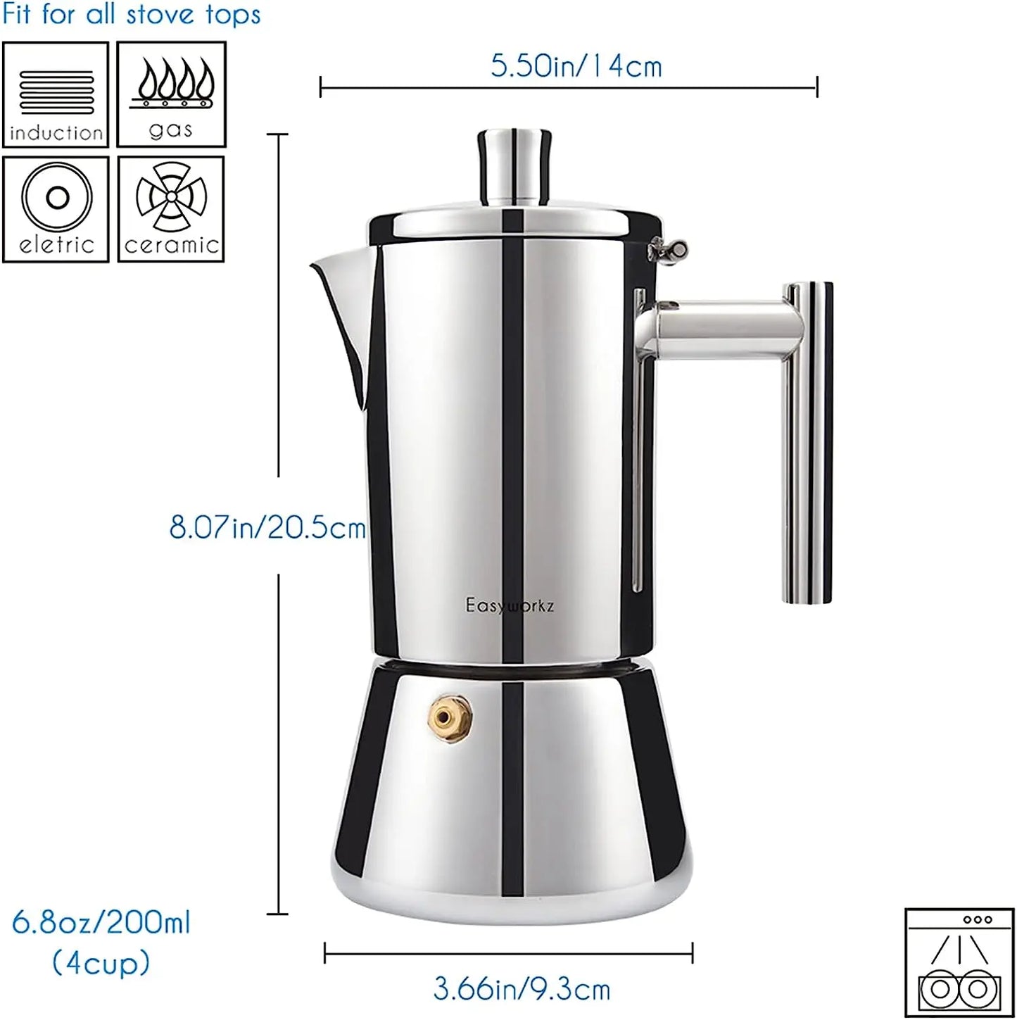 Easyworkz Diego Stovetop Espresso Maker Stainless Steel Italian Coffee Machine Maker 4Cup 6.8 oz Induction Moka Pot