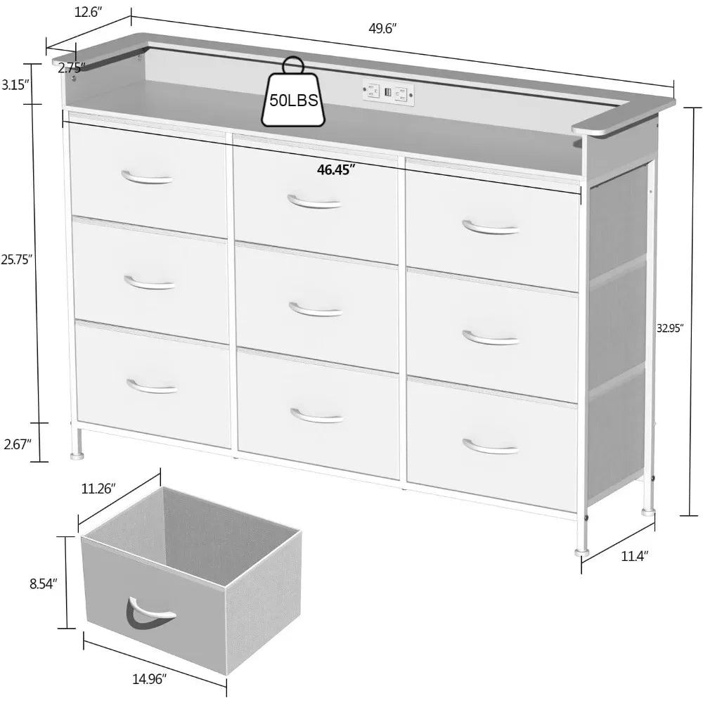 White Dresser with LED Light for Bedroom 9 Drawer Dressers with Charging Station Chests of Drawers for Entryway Closet bedroom