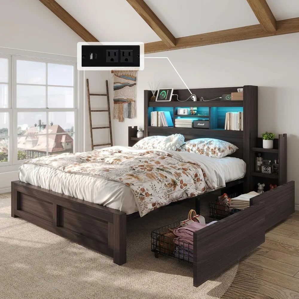 Queen Bed Frame with Bookcase Headboard & 2 Bedside Stoage Racks & 4 Drawers, Wood Bed Frame with RGB LED & Charging Station