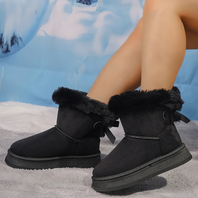 Winter Faux Suede Women Fluffy Snow Boots Warm Plush Platform Ankle Booties Woman Bow Slip On Cotton Boots 36-42