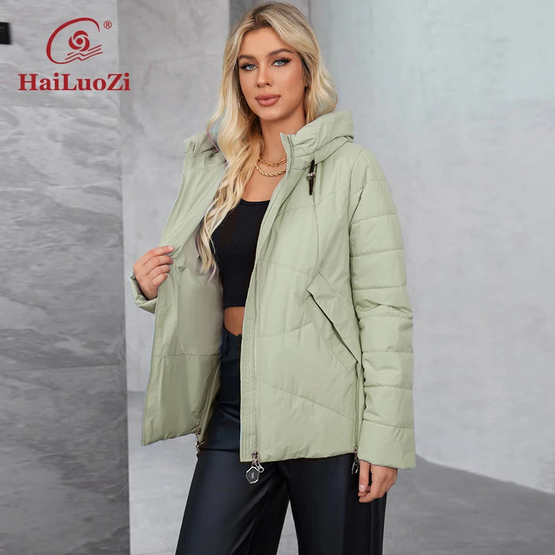 HaiLuoZi 2024 new Plus size women's jacket Hooded side pockets winter thin solid color high quality women's casual jacket 3358