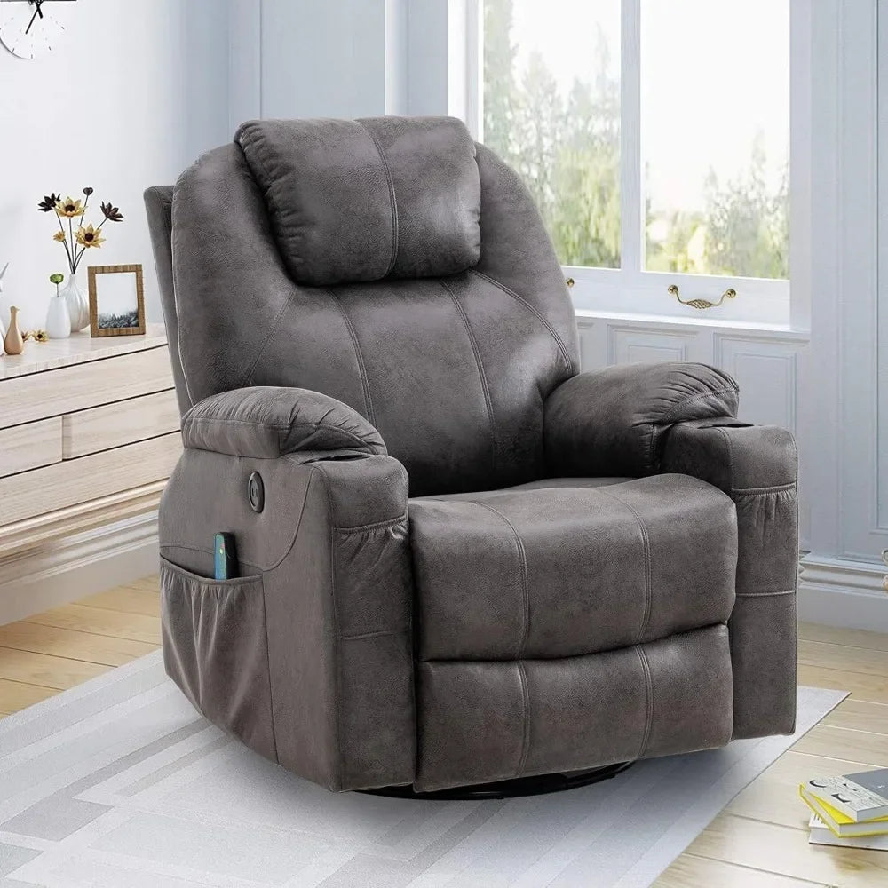 Swivel Rocker Recliner Chair Ergonomic Lounge Reclining Chair with 4 Pockets Cup Holders Remote Control，Gray，Living Room Chairs