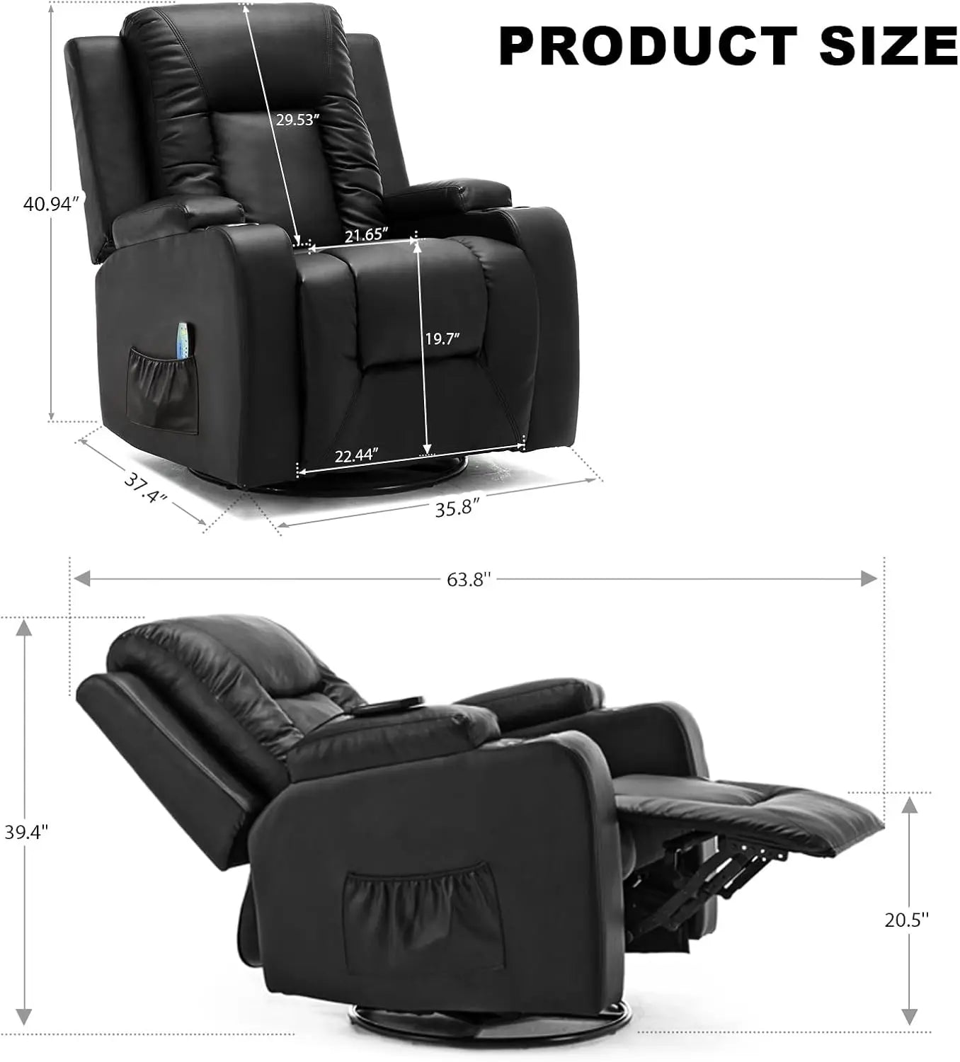 PU Rocking Chair for Adults, Swivel Recliner with Cup Holders, Heat and Massage, Single Sofa Seat with Side Pockets