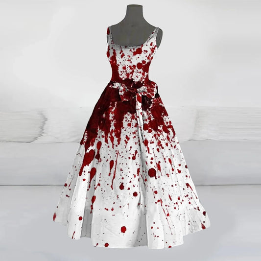 Halloween Bloody Tie-Dye Horror Ghost Bride Vampire Cosplay Costume For Women Sleeveless Blood Stain Sundress Masquerade Vestido