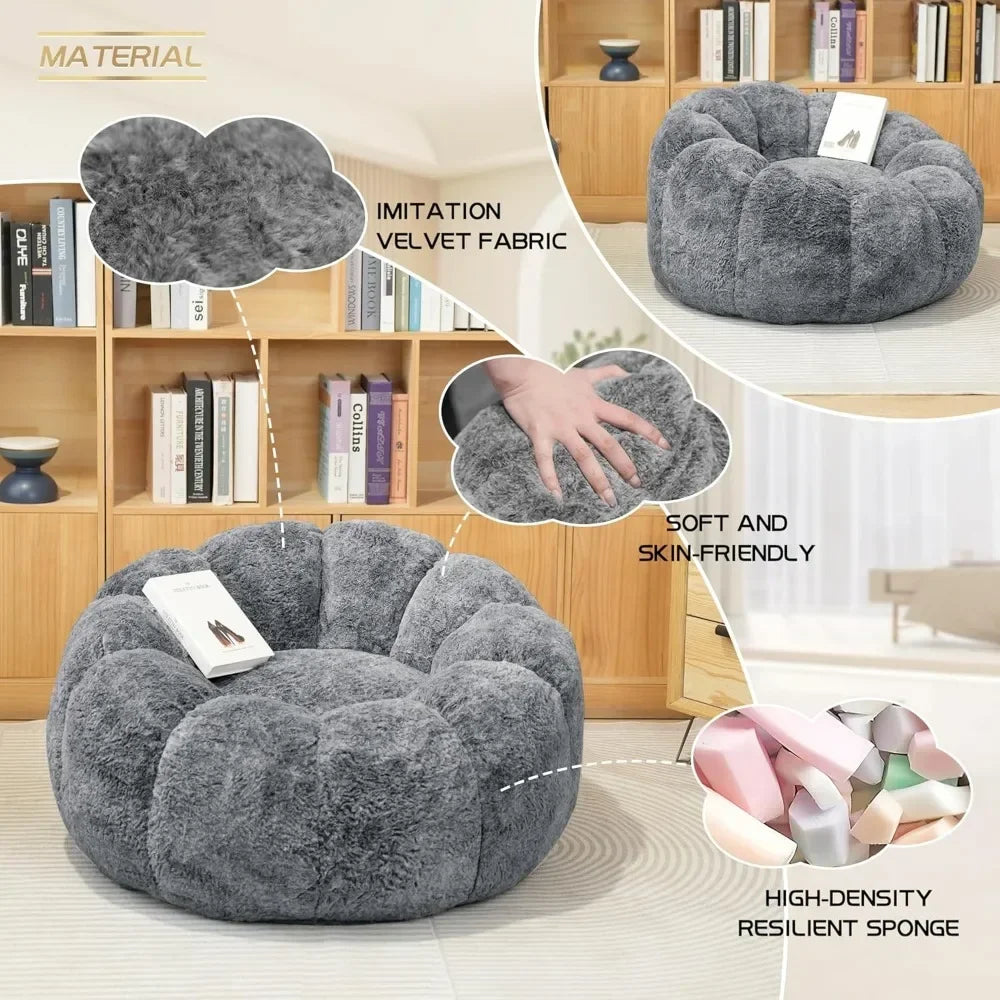 Bean Bag Sofa, Filled Bean Bag Chair, 36 Inch Low Backrest Support Petal Armrest Structure Design, Gray Bean Bag Sofa Chair