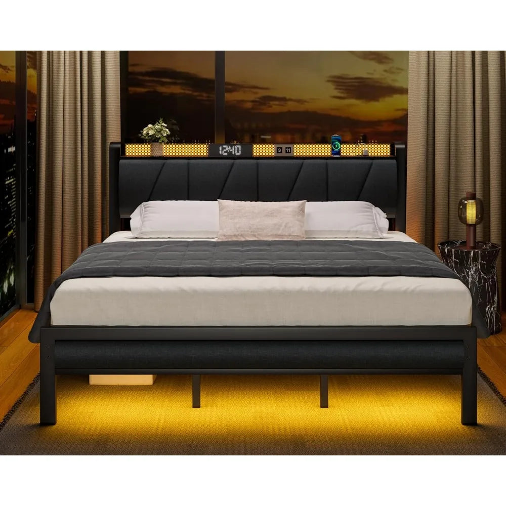 King Bed Frame with Headboard and LED Light, Upholstered Platform with Power Outlet and USB Port, King Size Bed