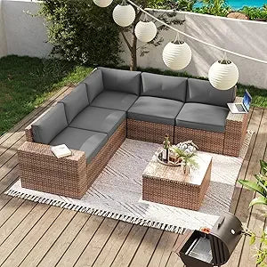 6 Pieces Patio Furniture Set, Outdoor Wicker Rattan Sectional Sofa for Patio, Garden, and Poolside, Garden Furniture Sets