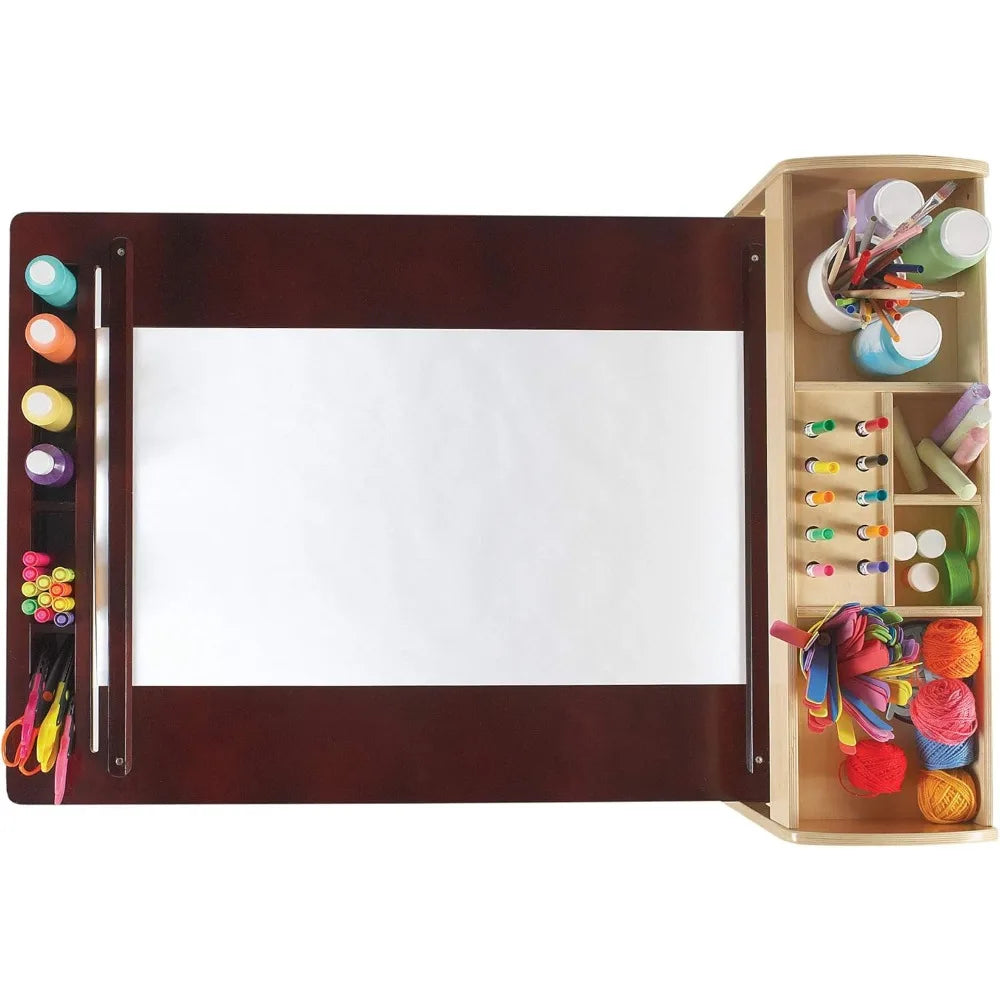 Deluxe Art Center: Kids Arts and Crafts Table and Chairs Set with Storage Shelves, Canvas Bins, Paper Roll, for Drawing,Coloring